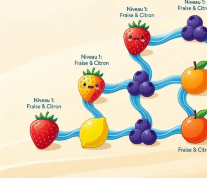 Illustration éditoriale de l’arbre d’évolution des fruits dans Merge & Shoot! sur fond de plage ensoleillée