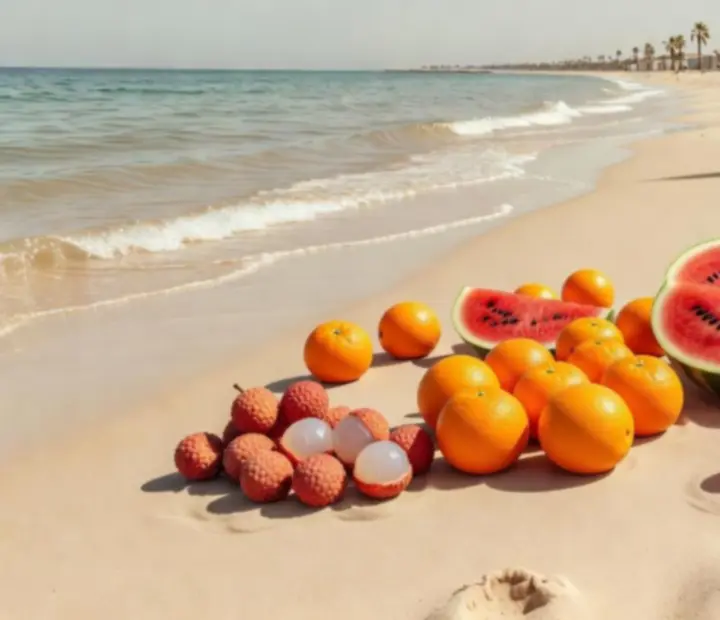 Plage ensoleillée avec fruits colorés inspirés de Merge & Shoot!