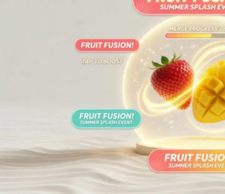 Exemple de guide visuel indépendant montrant une fusion de fruits dans Merge & Shoot!