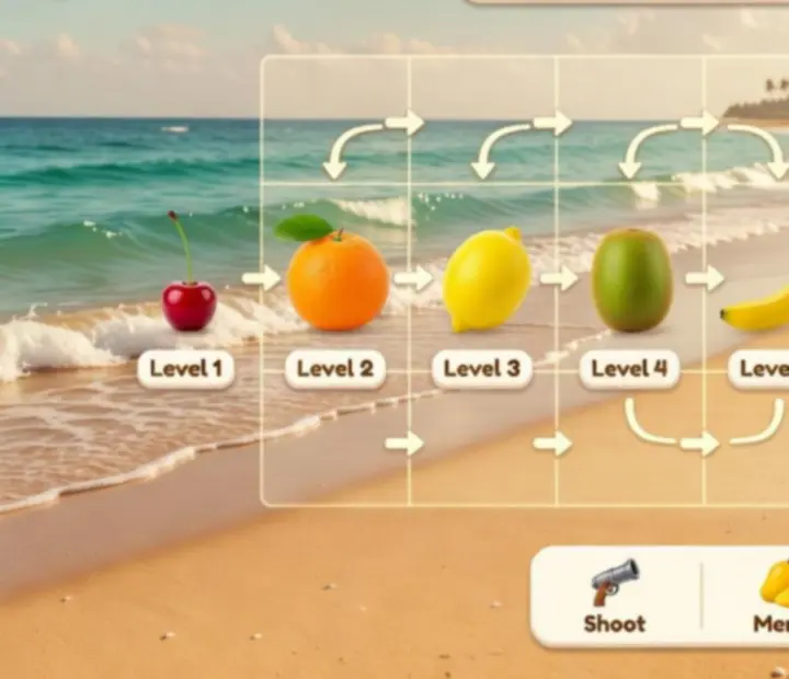 Capture d’écran d’une session avancée montrant la grille de fusion et la progression des fruits