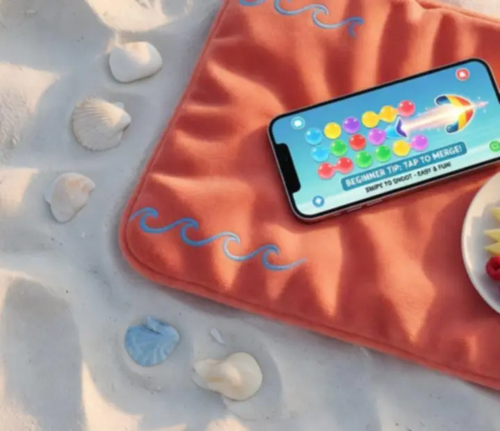 Joueuse débutante sur une plage, consultant un guide de Merge & Shoot!