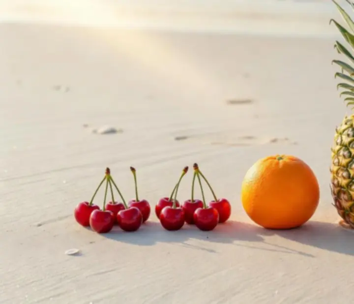 Schéma d'évolution de fruits sur un fond de plage, illustrant la progression dans Merge & Shoot!