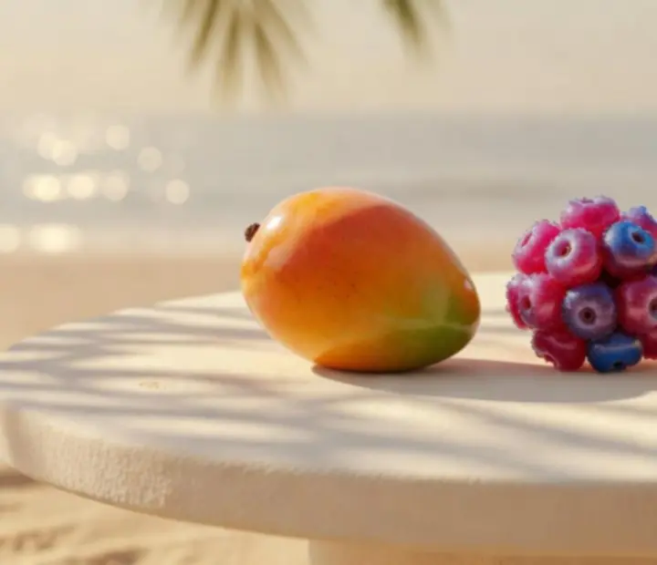 Montage de fruits évolués colorés sur un fond de plage douce, illustrant une galerie Merge & Shoot!