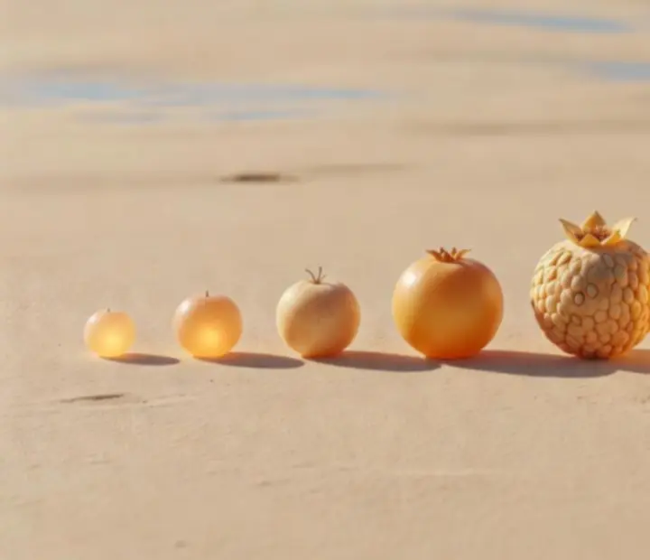 Visuel d’évolution de fruits sur une plage stylisée