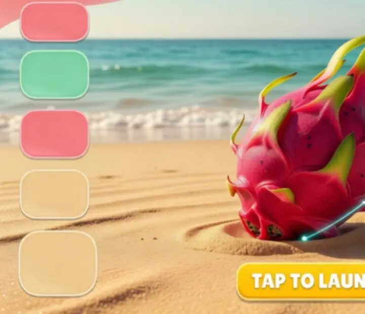 Interface de visée montrant un fruit évolué prêt à être lancé avec un arrière-plan de plage ensoleillée.