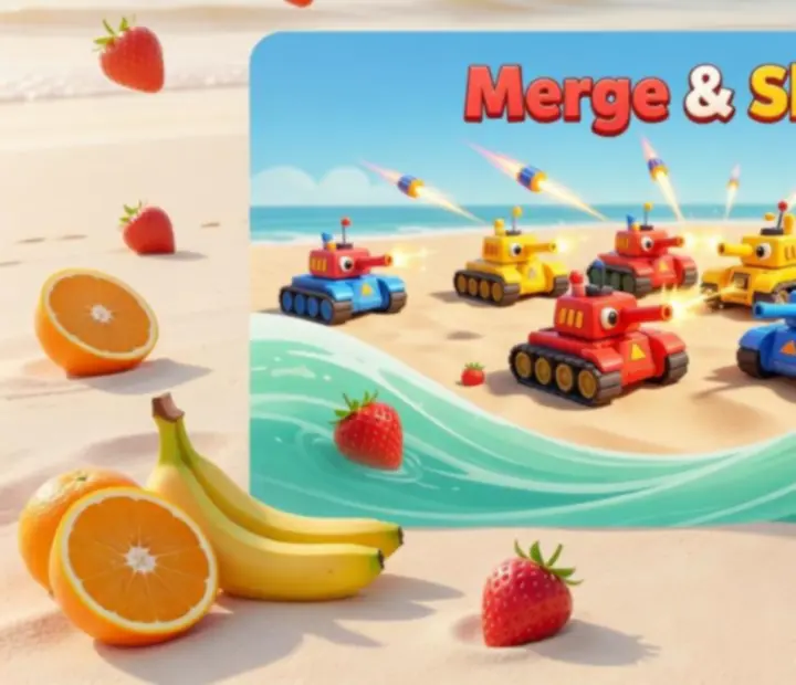 Capture de Merge & Shoot! avec fruits colorés sur fond de plage ensoleillée