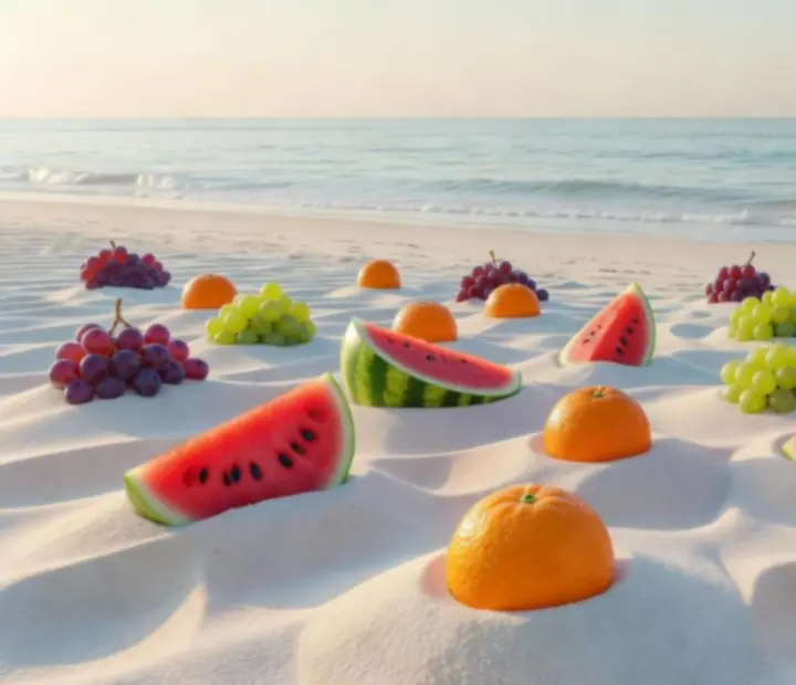 Plage lumineuse avec fruits colorés rappelant l'univers de Merge & Shoot!