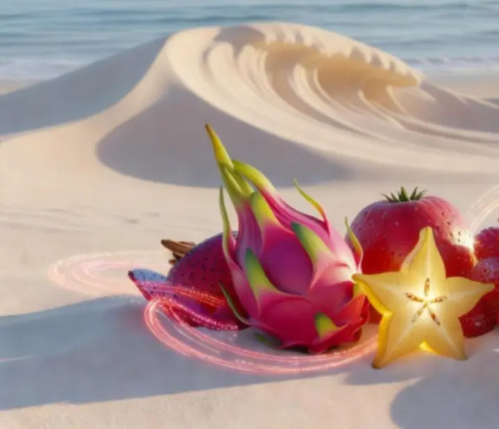 Panorama de plage lumineuse orné de fruits fusionnés