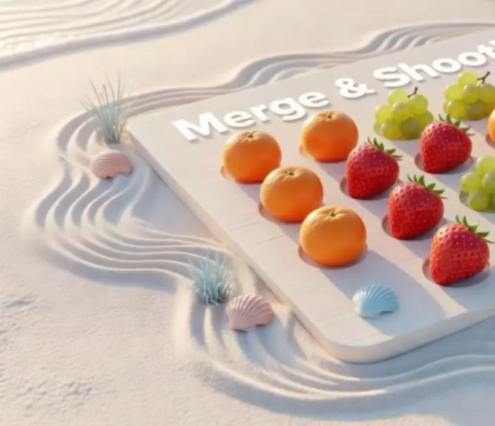 Zone de jeu stylisée sur le sable, représentant des niveaux difficiles dans Merge & Shoot!