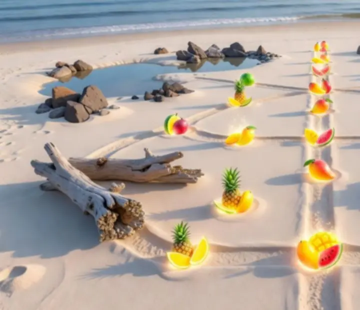 Scène de plage ensoleillée inspirée de Merge & Shoot! avec fruits colorés