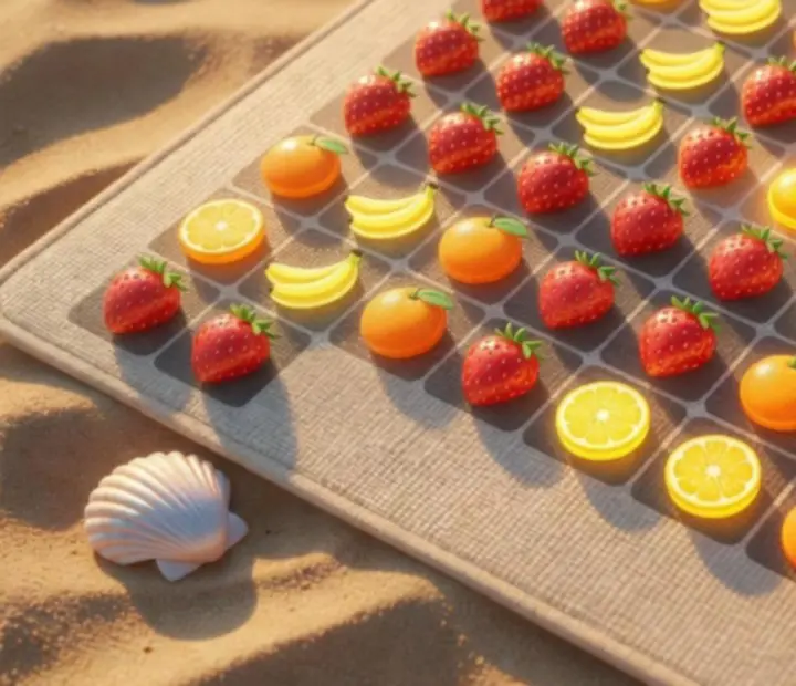 Préparation d'une session de Merge & Shoot! sur une plage ensoleillée avec grille de fruits organisée