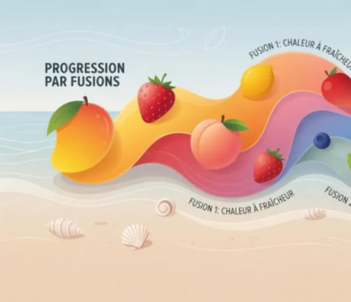 Schéma visuel présentant l’enchaînement des fusions et évolutions des fruits jusqu’aux formes avancées