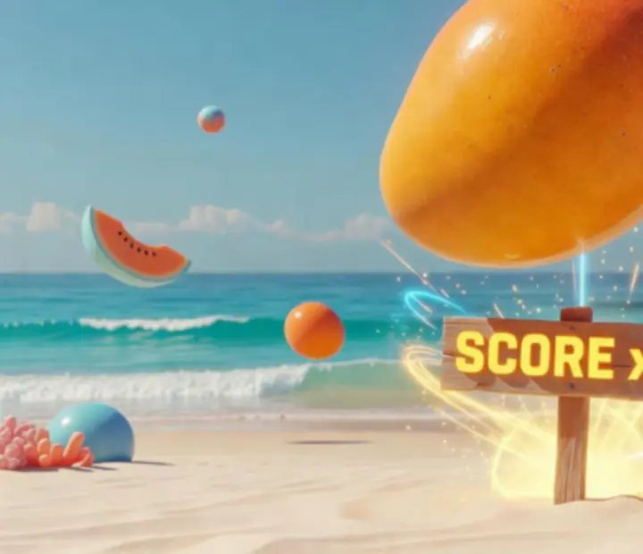 Capture d’écran d’un tir à très haut score dans Merge & Shoot! sur fond de plage, avec des fruits colorés et des effets lumineux.