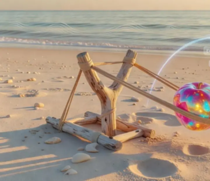 Vue ensoleillée de la plage avec des fruits fusionnés prêts à être tirés dans Merge & Shoot!