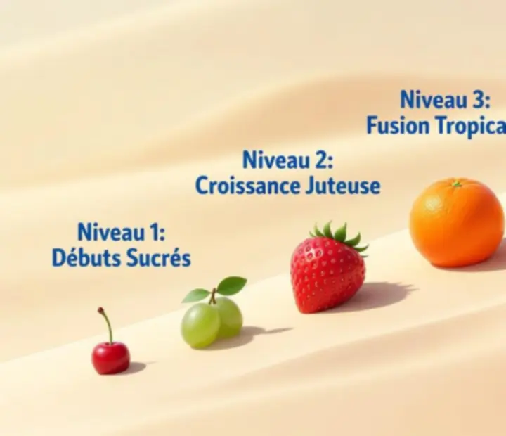 Tableau illustrant les niveaux d’évolution des fruits et leurs puissances relatives dans Merge & Shoot!
