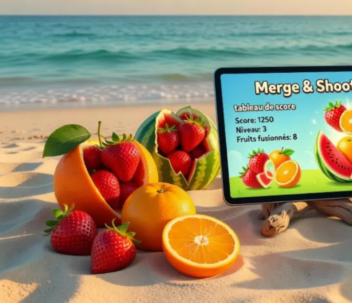 Écran de score de Merge & Shoot! sur fond de plage lumineuse